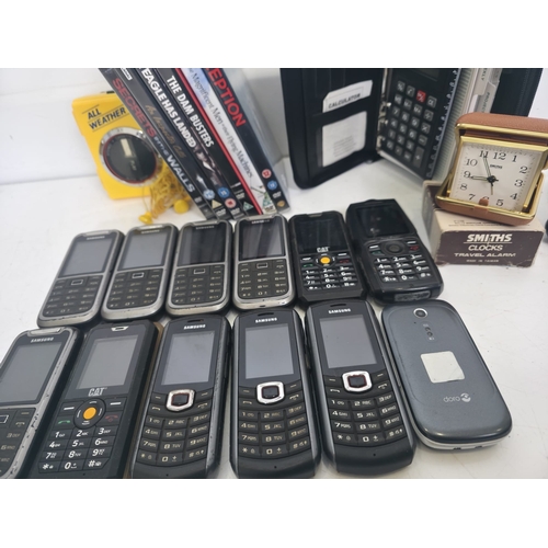 137 - Good collection of Samsung mobile phones, CAT phones, All Weather vintage radio cassette player, pla... 