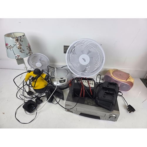 140 - Mixed Small Electrical Appliances & AV Equipment Including Bush Fan, Radio and Battery Chargers