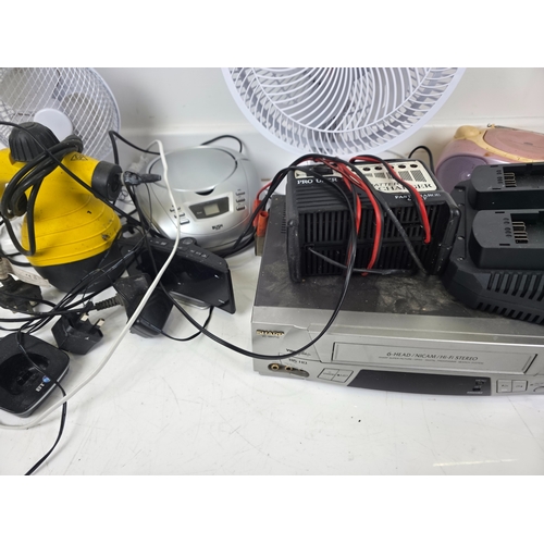 140 - Mixed Small Electrical Appliances & AV Equipment Including Bush Fan, Radio and Battery Chargers