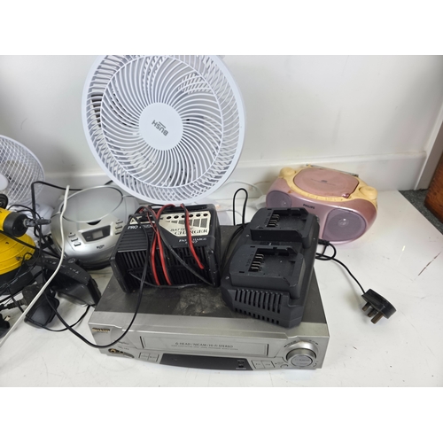 140 - Mixed Small Electrical Appliances & AV Equipment Including Bush Fan, Radio and Battery Chargers