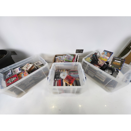 143 - Three large Storage Tubs of CDs, DVDs, PS2 Console, Games & Accessories and more (tubs not included)