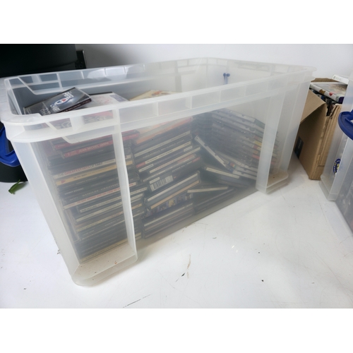 143 - Three large Storage Tubs of CDs, DVDs, PS2 Console, Games & Accessories and more (tubs not included)