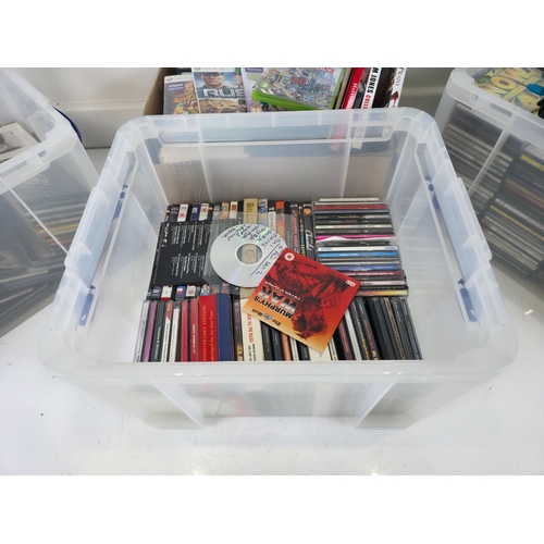 143 - Three large Storage Tubs of CDs, DVDs, PS2 Console, Games & Accessories and more (tubs not included)
