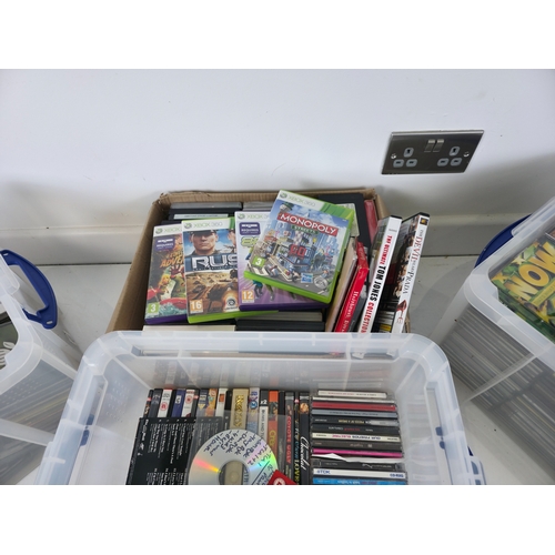 143 - Three large Storage Tubs of CDs, DVDs, PS2 Console, Games & Accessories and more (tubs not included)