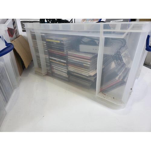 143 - Three large Storage Tubs of CDs, DVDs, PS2 Console, Games & Accessories and more (tubs not included)