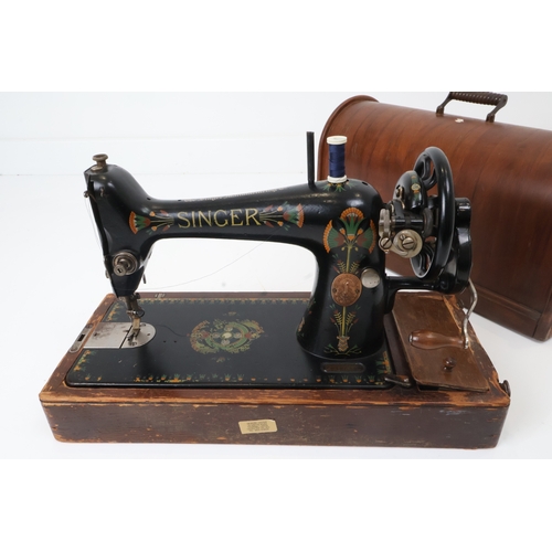 164 - Cased Singer Model 66 Hand Sewing Machine with Sphinx Decals