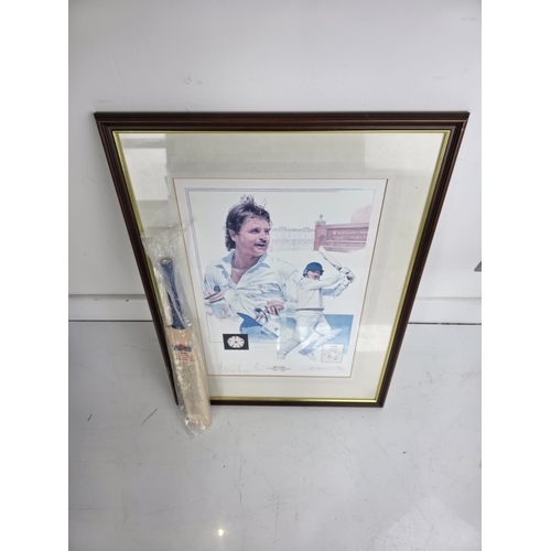 186 - Limited Edition Framed Cricket Print Signed by Allan Lamb & Another, No. 52/495, with Miniature Cric... 