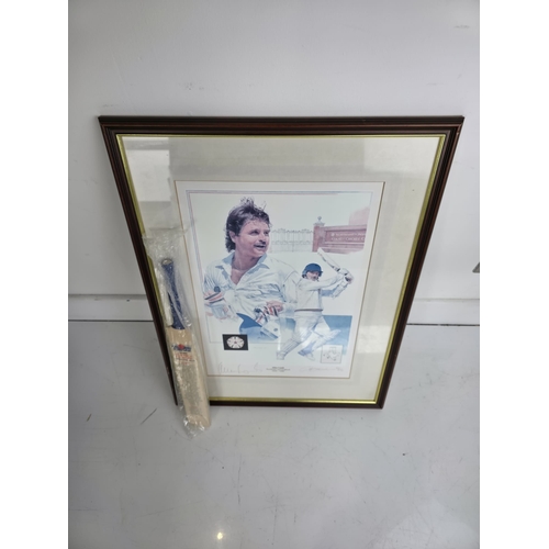 186 - Limited Edition Framed Cricket Print Signed by Allan Lamb & Another, No. 52/495, with Miniature Cric... 