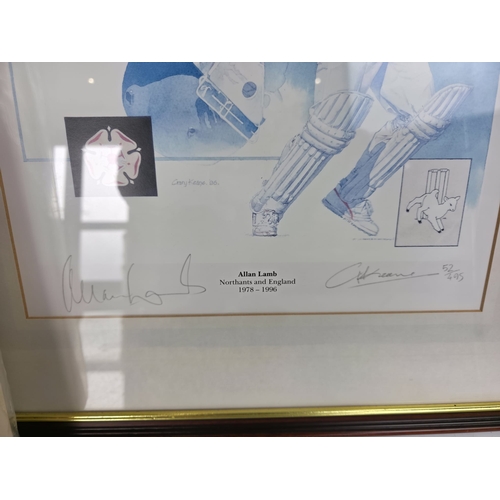 186 - Limited Edition Framed Cricket Print Signed by Allan Lamb & Another, No. 52/495, with Miniature Cric... 