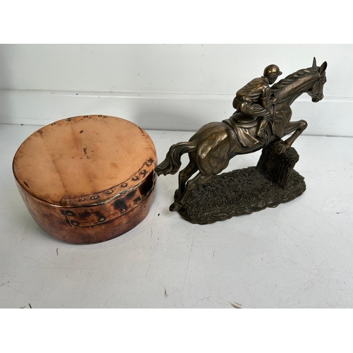 188 - Copper Pan with Handle & Bronze Effect Jockey on Horse Figure