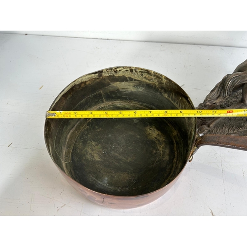 188 - Copper Pan with Handle & Bronze Effect Jockey on Horse Figure