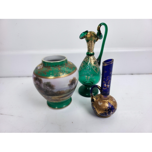 195 - Noritake Vase and two Painted Glass Ewers or Vessels