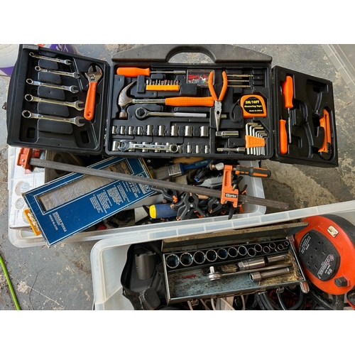 21 - Two Large Boxes of Tools including Spanners, Sockets, Heavy Duty Drill Bits, Clamps, Chisels, Electr... 
