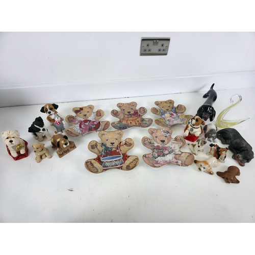 223 - Collection of Decorative Dog & Teddy Bear Ornaments / Wall Plaques and decorative glassware (Likely ... 