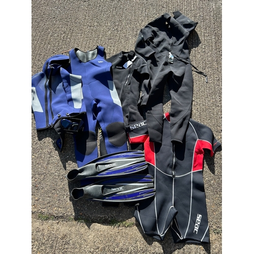 232 - Several Wetsuits (SEAC, ZCCO some brand new with tags), SEAC diving goggles, flippers etc