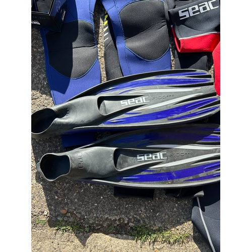 232 - Several Wetsuits (SEAC, ZCCO some brand new with tags), SEAC diving goggles, flippers etc