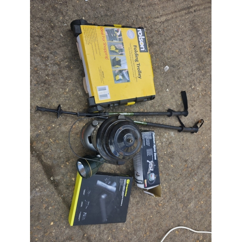 32 - Assorted Outdoors equipment, Tilley lamp, together with a 3 part folding camping table