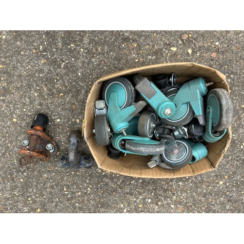47 - Good Collection of Very Heavy Duty Castors and Two Tow Hitches