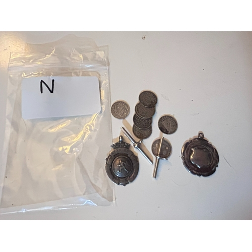 27 - Various Silver items including Sterling Silver Albert Fob Shield, Sterling Silver hallmarked medal, ... 