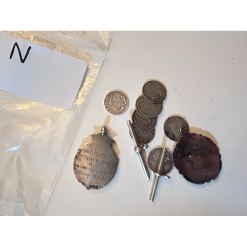 27 - Various Silver items including Sterling Silver Albert Fob Shield, Sterling Silver hallmarked medal, ... 