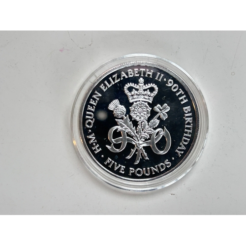 46 - Five Pound Queen Elizabeth 90th Birthday commemorative coin, uncirculated and in Sterling Silver