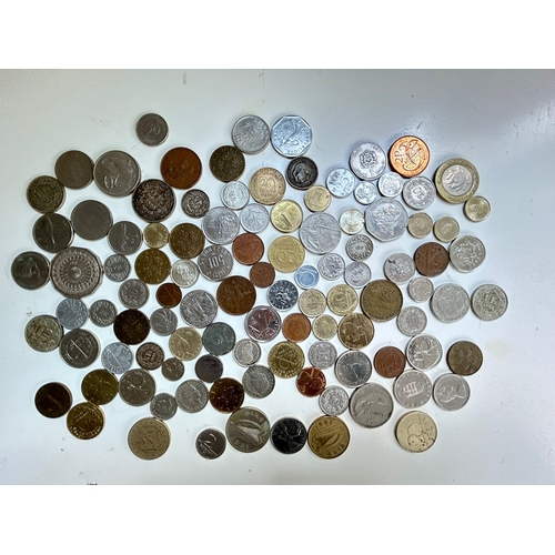 54 - Collection of mostly European coins, including Pesetas, Francs, Irish Pence, Forint etc