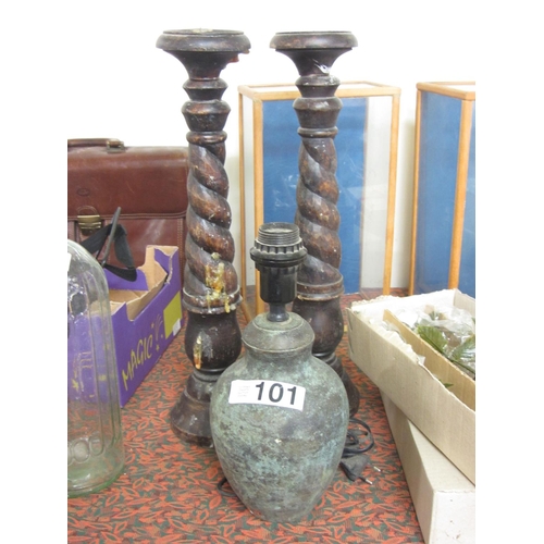 101 - Large pair of wooden candle sticks and lamp.