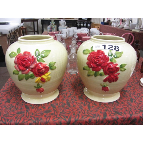 128 - Good pair of hand painted Charlotte Rhead vases.