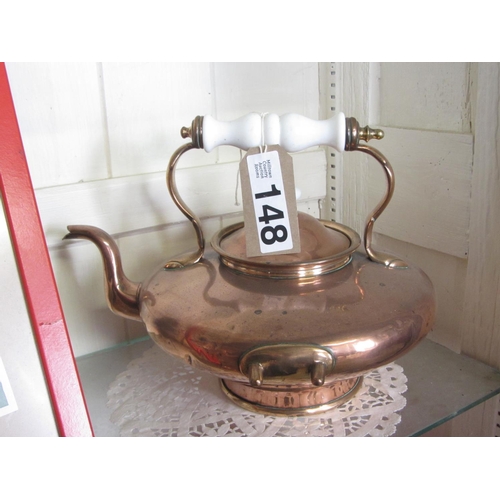 148 - Large copper kettle with porcelain handle.