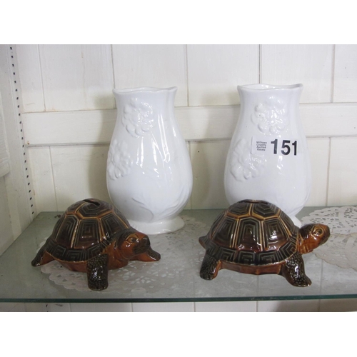 151 - Pair of vases plus 2 turtle hand painted money boxes.