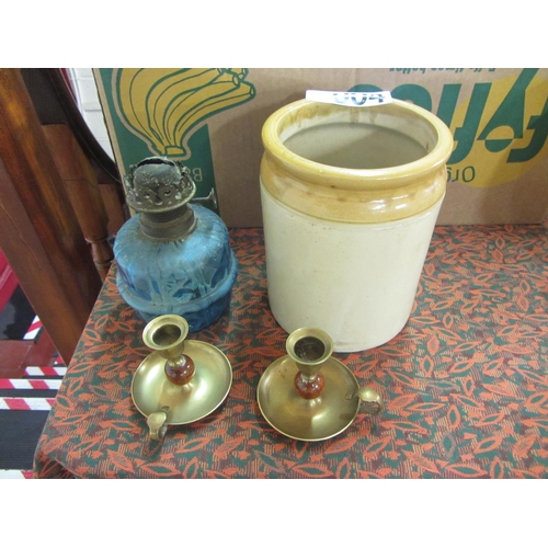 4 - Earthenware jar, pair of brass candle holders, oil lamp bowl.