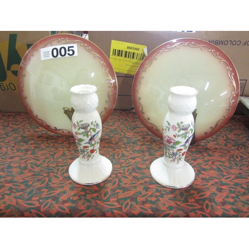 5 - Pair of ornate wall lights plus pair of Ansley hand painted candle sticks.