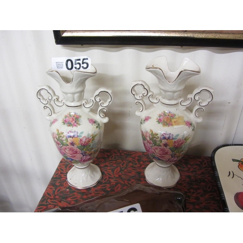 55 - Pair of hand painted 2 handle vases.