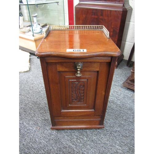 681 - Victorian mahogany fall front coal cabinet with brass gallery rail. H:55cm, W:34cm, D:35cm.