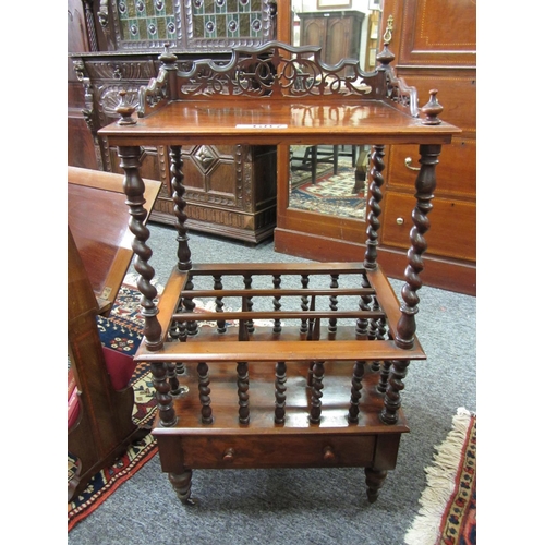 687 - Superb Victorian rosewood Canterbury with carved gallery rail on spirial supports with drawer. H:102... 