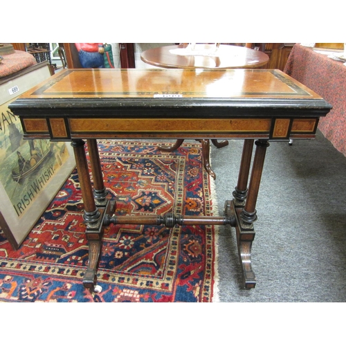 699 - Superb ebonised and walnut inlaid fold over card table on pillar supports and stretcher base. H:78cm... 