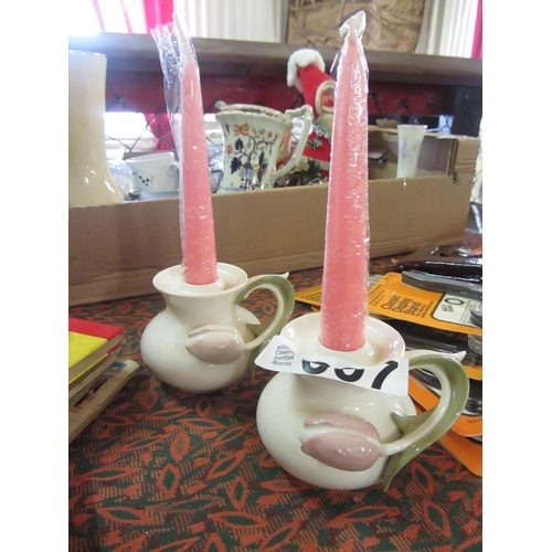 7 - Pair of German hand painted candle holders with candles.