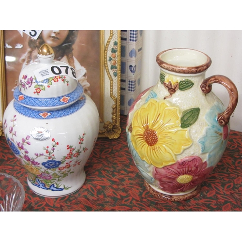 78 - Hand painted jug and hand painted urn and lid.