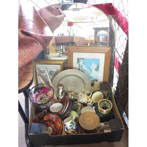 9 - Large bevelled mirror, 2 prints and job lot of assorted items.