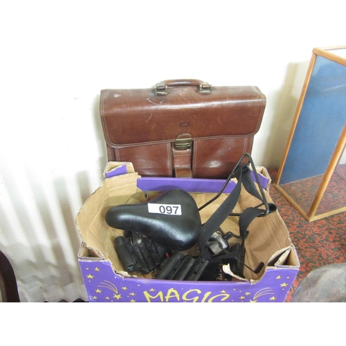 97 - Leather brief case plus child's seat for the bar of adult bike.