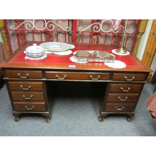 25 - Mahogany leather top 9 drawer Pedestal desk.  W:152cm x 91cm.