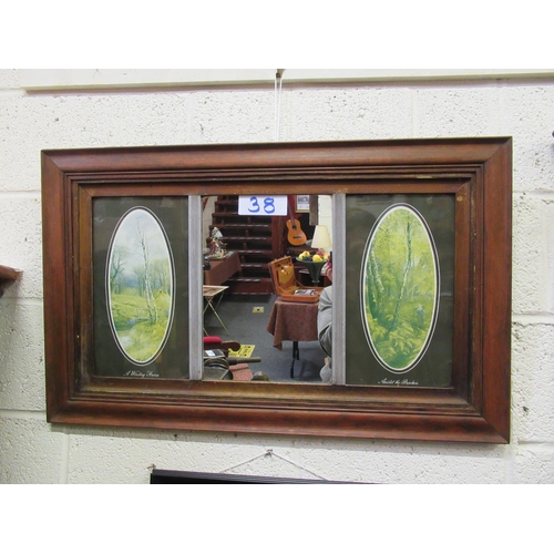 38 - Victorian wall mirror with 2 oval prints.  85cm x 53cm.