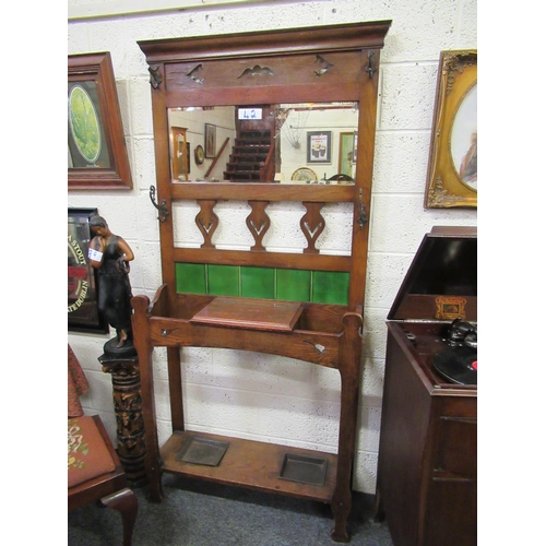 42 - Art deco oak mirror back hall stand with tile back and drip trays.  H:190cm, W:87cm.