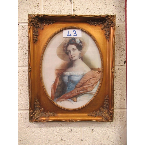 43 - Coloured Print - Portrait of a Lady in oval gilt frame