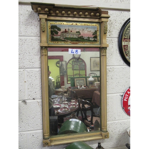 48 - Good antique Pier mirror with painted scene.  H:95cm, W:50cm