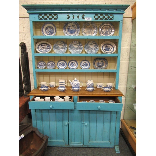 58 - Antique Irish Pine Dresser in original Paint with 2 drawers and 2 doors on shoe feet.  H:208cm, W: 1... 