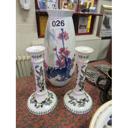 26 - Hand painted Chinese vase plus pair of hand painted candle sticks.
