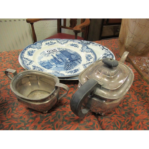 35 - 2 blue and white meat platters plus silver plated tea pot and sugar bowl.
