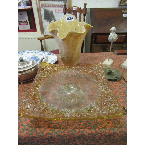 36 - Large ornate vase plus coloured glass fruit dish.