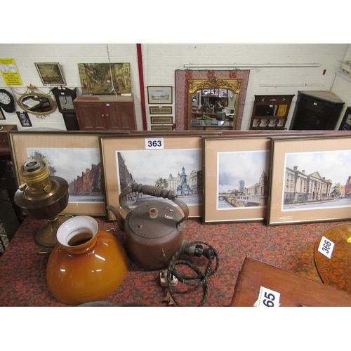 363 - Set of 4 coloured prints, copper kettle plus oil lamp.